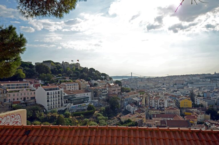 Lisbon hillside skyline and bridge