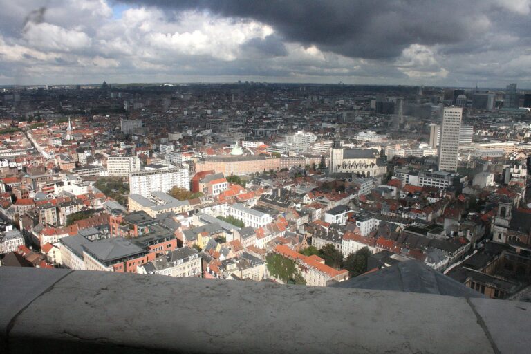 Brussels rooftops under dark clouds