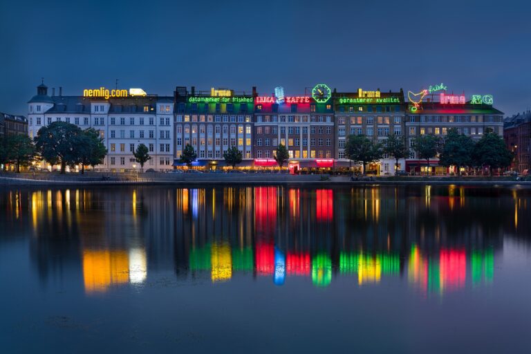 Copenhagen lakeside facades at dusk