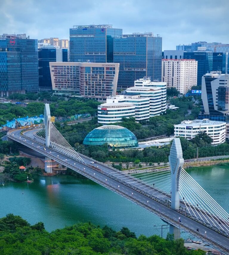 Durgam Cheruvu bridge and Hyderabad towers
