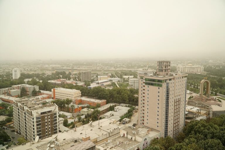 Dushanbe skyline and Dousti Square arch