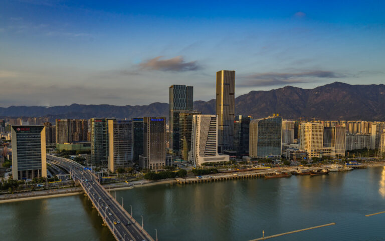 Fuzhou skyline with mountain backdrop