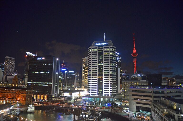 Auckland waterfront and Sky Tower at night