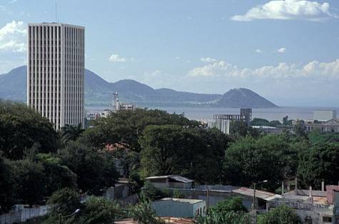 Managua skyline with lake and volcanoes