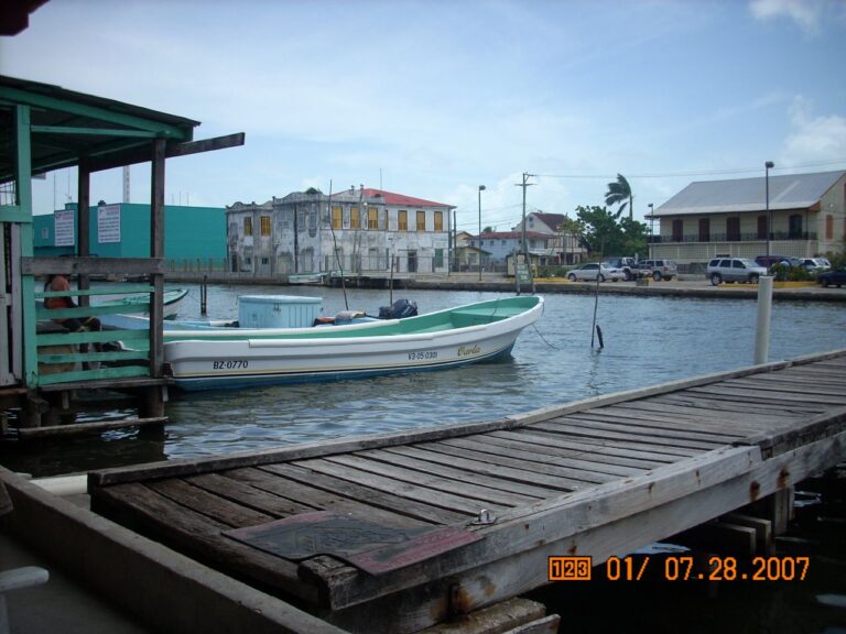 Belize City canal and moored boat
