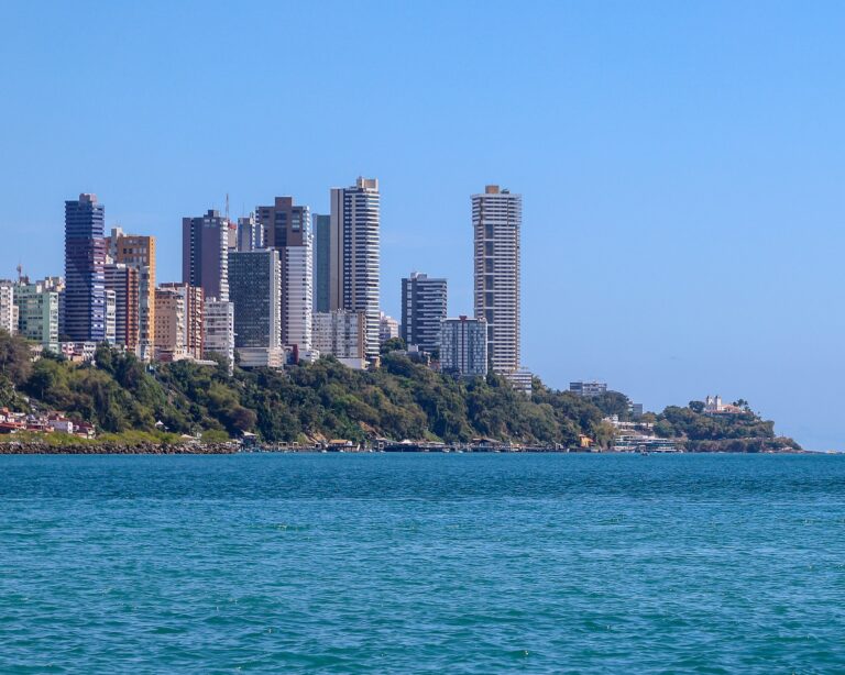 Salvador shoreline towers above blue water