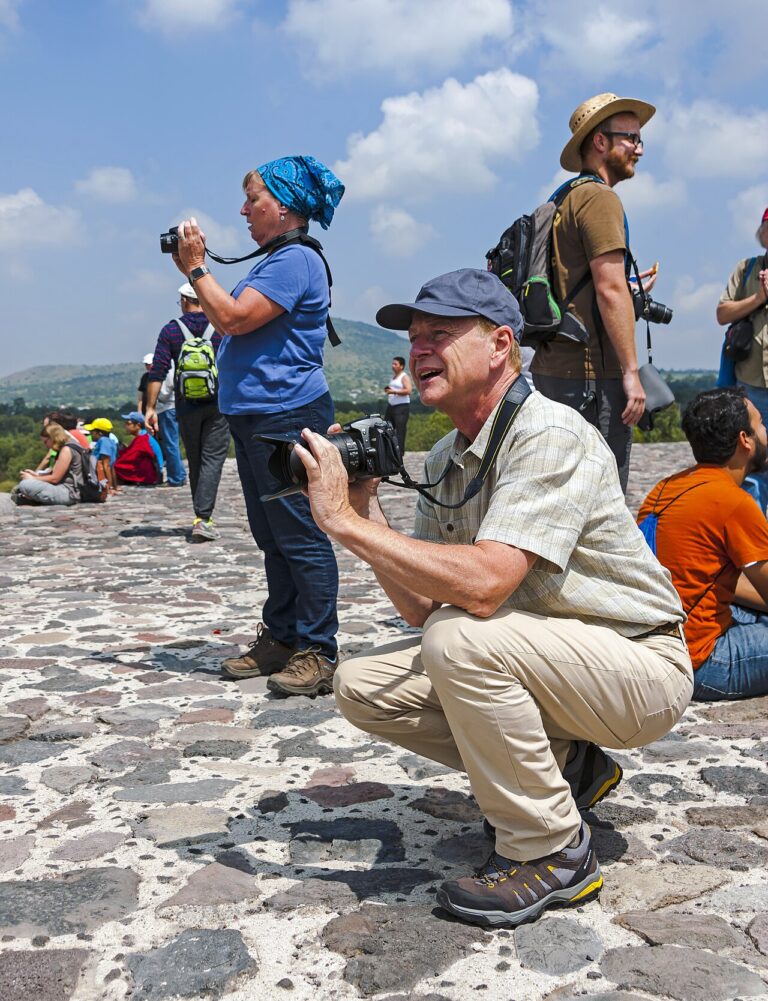 Tourists taking pictures from Pyramid of the Moon, Teotihuacan
