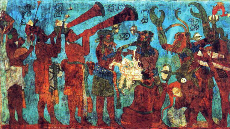 Bonampak mural. Room 1. Musicians and dancers