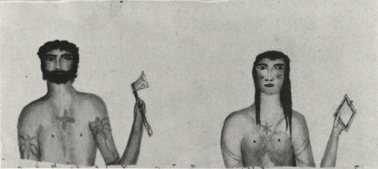 Tattooed or painted Rapa Nui man and woman with trade items. Drawing by Captain Charles Bishop