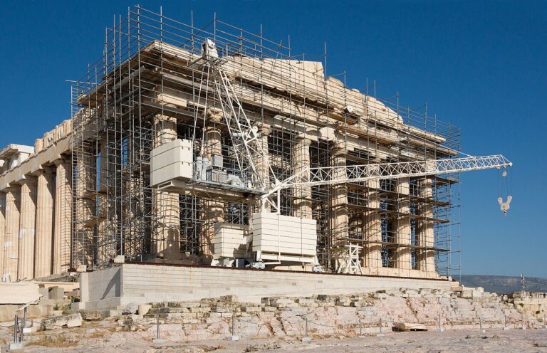 Restoration work Parthenon facade Acropolis Athens Greece