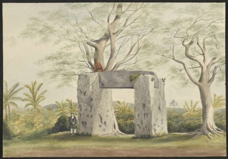 Remains of an ancient gateway near Kolonya, Tongataho, watercolour by James Gay Sawkins