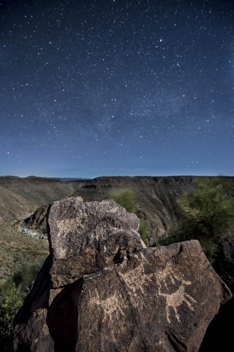 Petroglyph boulder under a night sky
