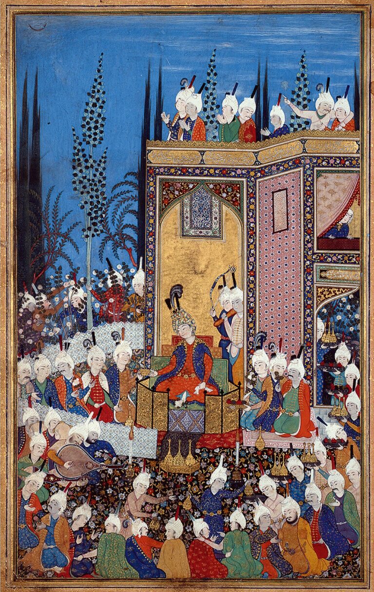 Portrait of Sam Mirza as a patron; The feast of I’d begins, copy of Diwan Hafiz manuscript