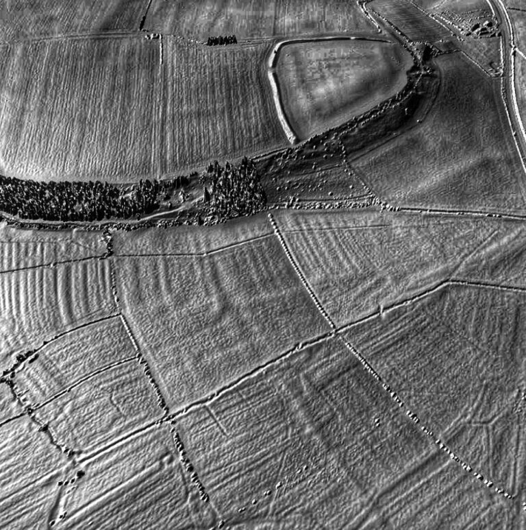 A lidar view looking across to Brandon Camp Iron Age Hillfort and Roman Fort
