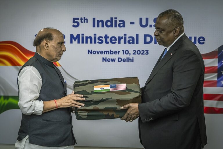 U. S. Secretary of Defense Lloyd Austin accepts artifacts from a World War II era crash site in Northern India from Minster of Defense Rajnath Singh in New Delhi on November