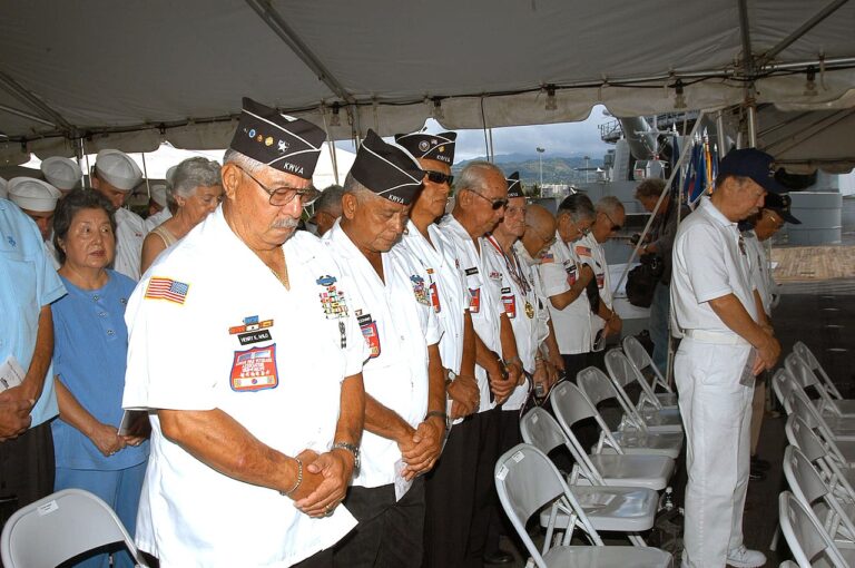 US Navy N 4995T Active duty Sailors and retired veterans take a moment of silence at the 59th anniversary ceremony of the end of World War II aboard the battleship USS Missouri Memorial