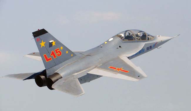 Hongdu L-15 Falcon banking in flight with landing gear retracted