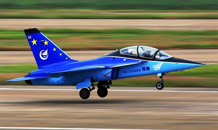 Blue Hongdu L-15 Falcon trainer aircraft landing