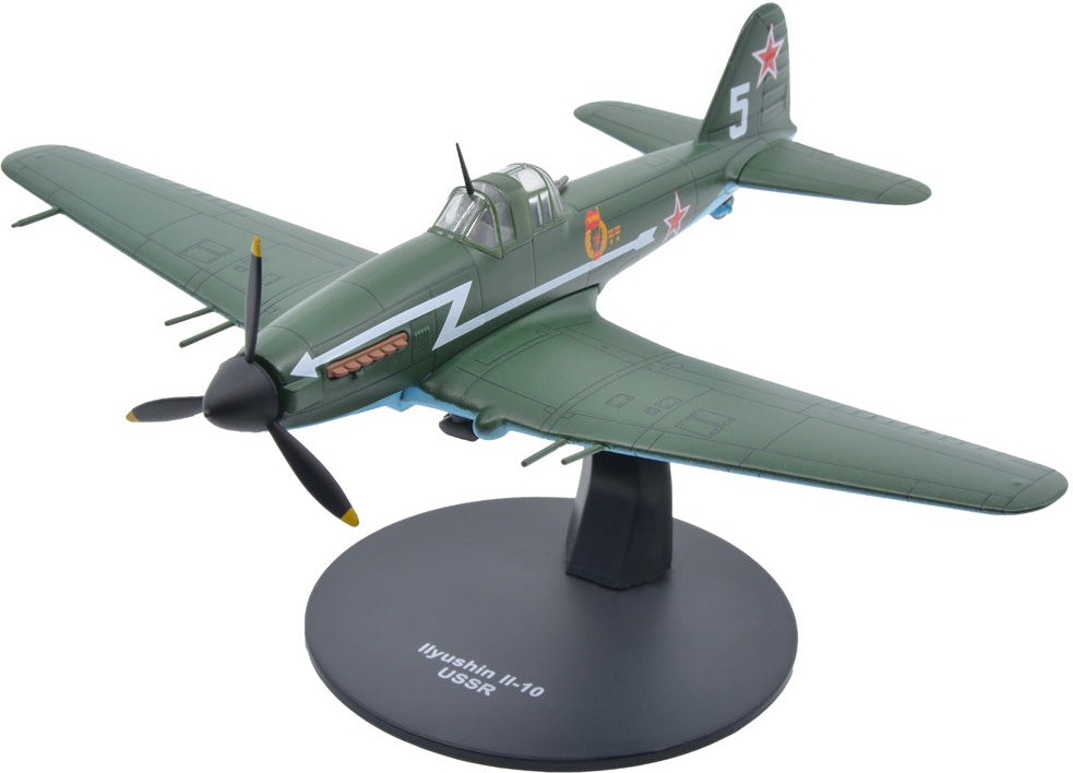 Green Ilyushin Il-10 scale model on a stand with Soviet red stars and number 5.