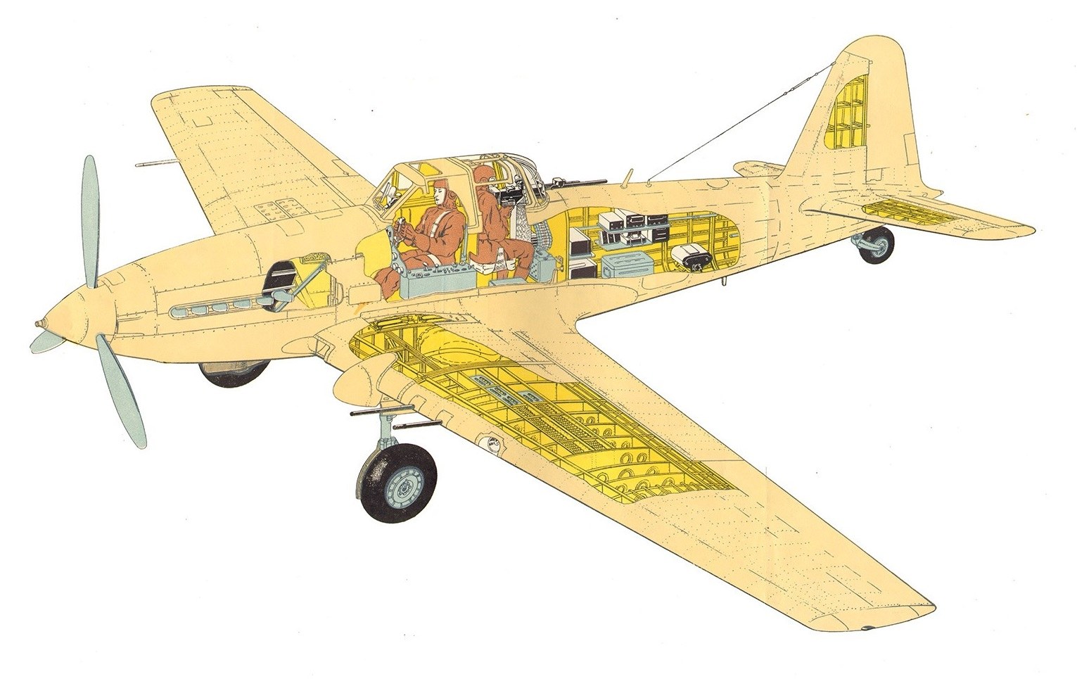 Cutaway illustration of an Ilyushin Il-10 showing cockpit, rear gun, wing structure, and landing gear.