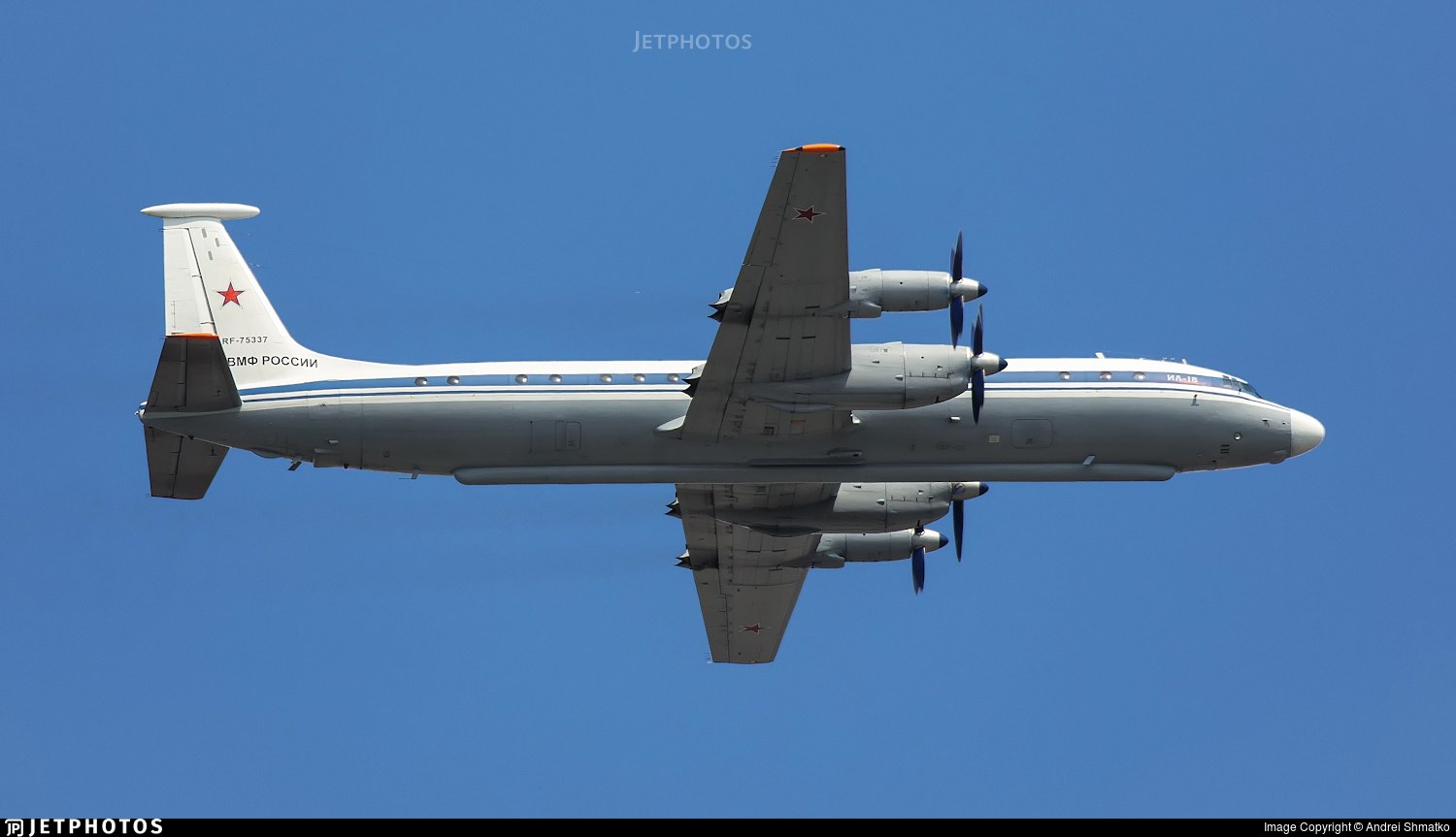 Underside view of Ilyushin Il-22M RF-75337 with Russian Navy text on the tail.