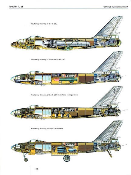 Printed cutaway drawings showing four Ilyushin Il-28 fuselage arrangements.