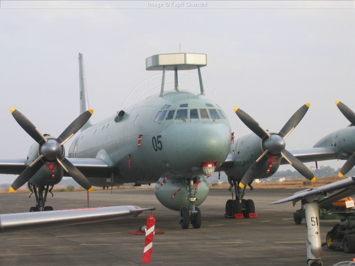 Front view of Indian Navy Ilyushin Il-38 number 05 parked on a ramp.