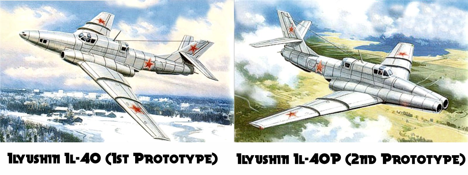 Artwork comparing Ilyushin Il-40 first prototype and Il-40P second prototype.
