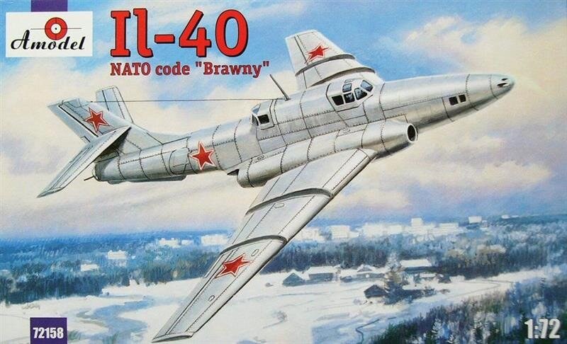 Amodel Il-40 model kit box art showing a silver aircraft with red star markings.