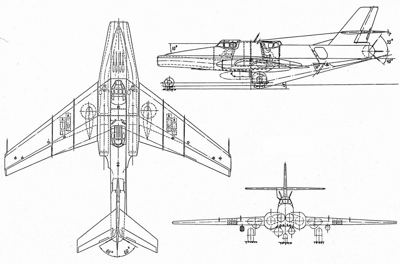 Technical drawing sheet showing top, side, and front views of the Ilyushin Il-40.