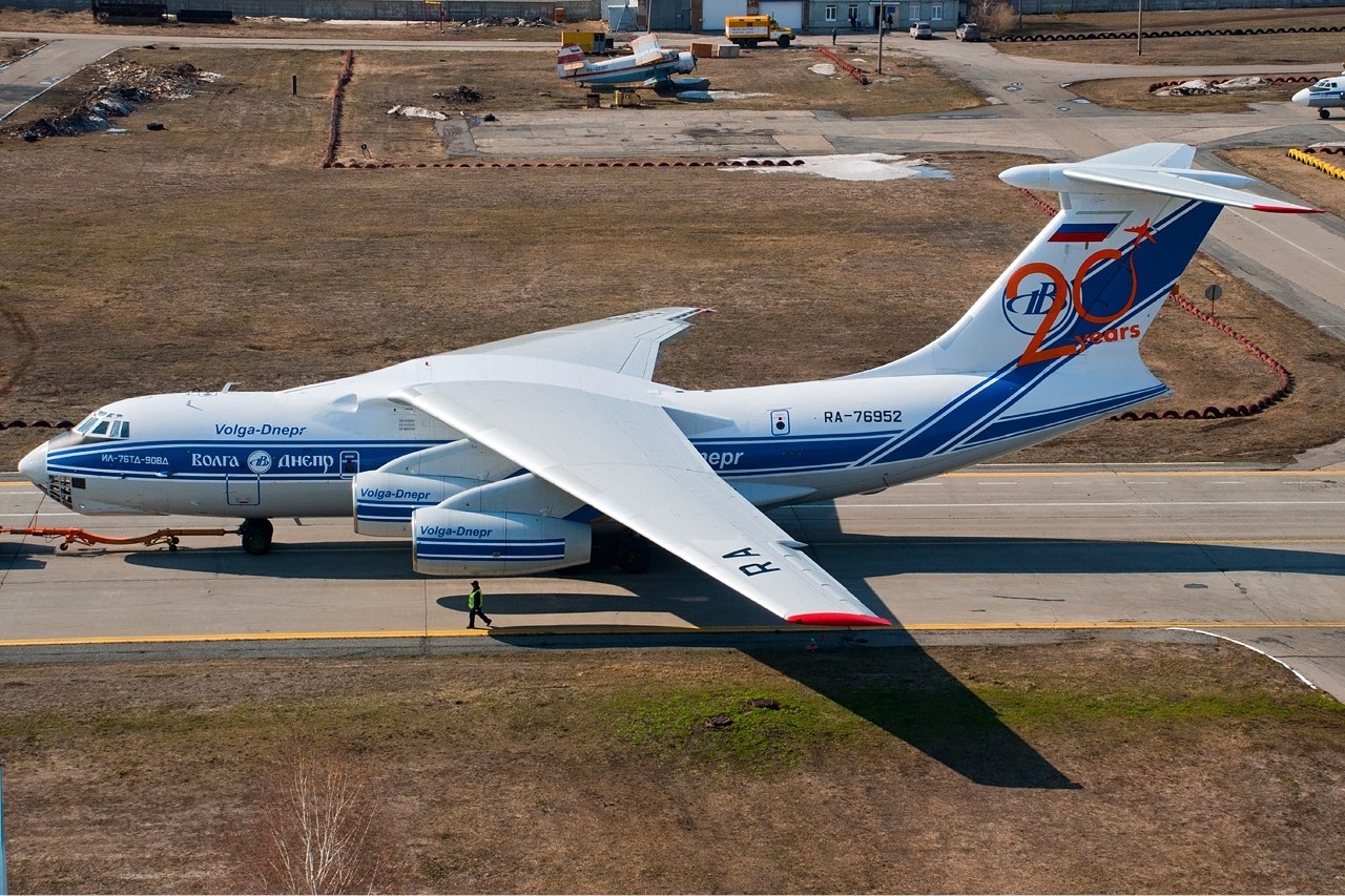 Volga-Dnepr Ilyushin Il-76 RA-76952 on an airport taxiway.