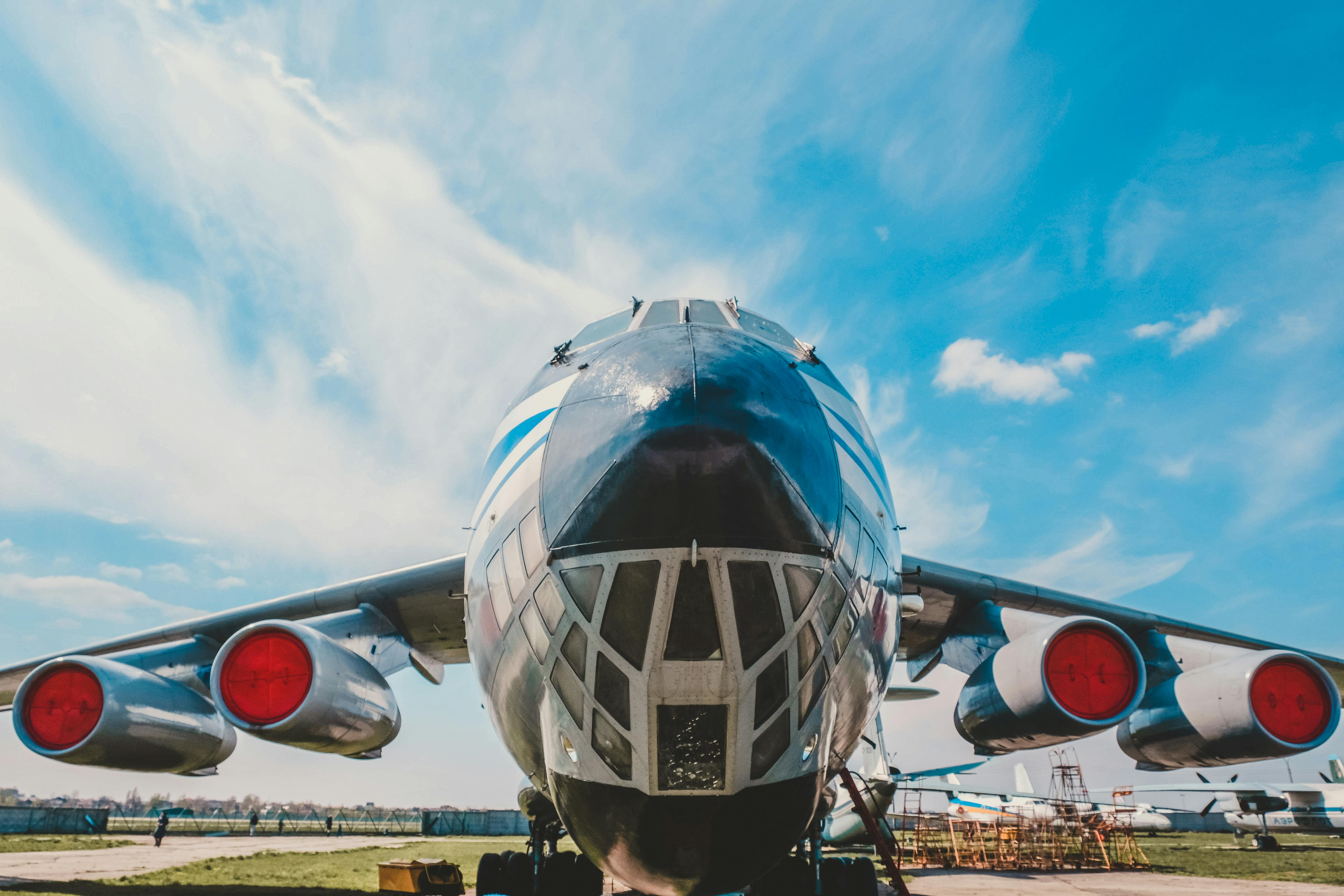 Close nose view of an Ilyushin Il-76 with red covers on all four engine intakes.
