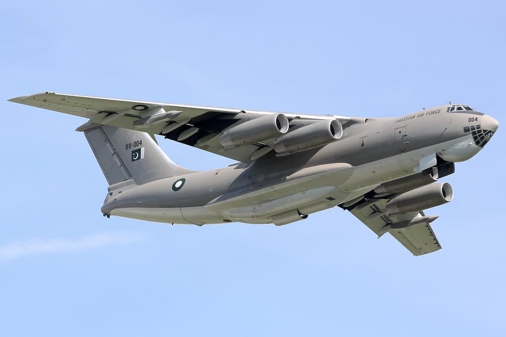 Pakistan Air Force Ilyushin Il-78 R11-004 flying with four engines and high T-tail.