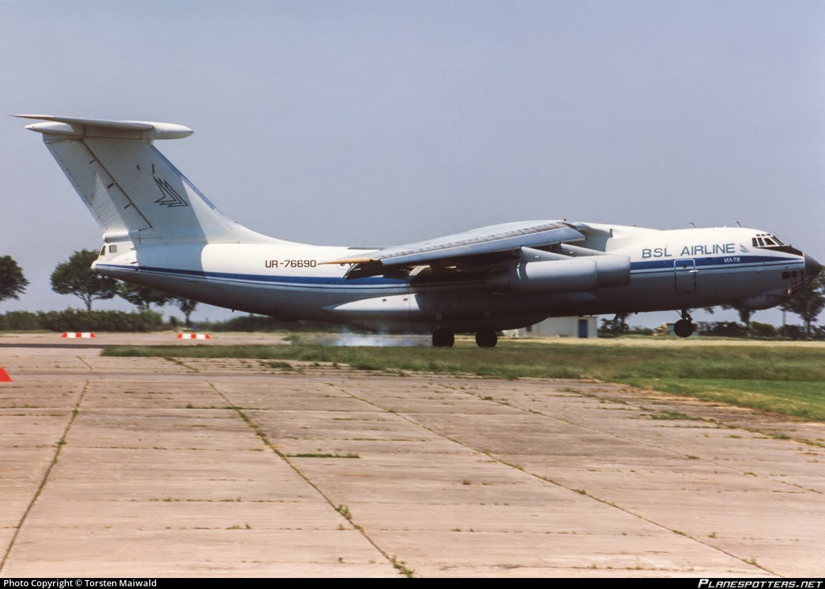 BSL Airline Ilyushin Il-78 UR-76690 on a runway with landing gear down.