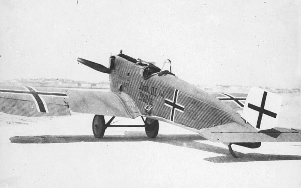 Junkers D.I monoplane fighter in rear-quarter view on snow