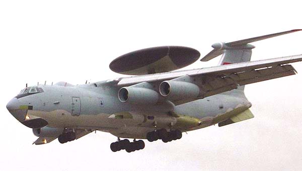 KJ-2000 airborne early warning aircraft with radar dish in flight