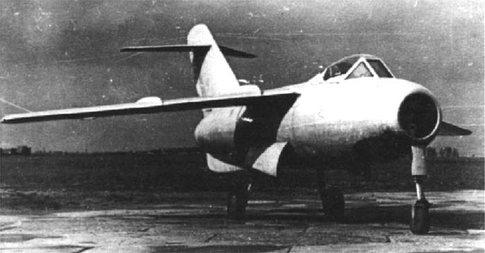 Lavochkin La-15 jet fighter viewed from the front on the ground