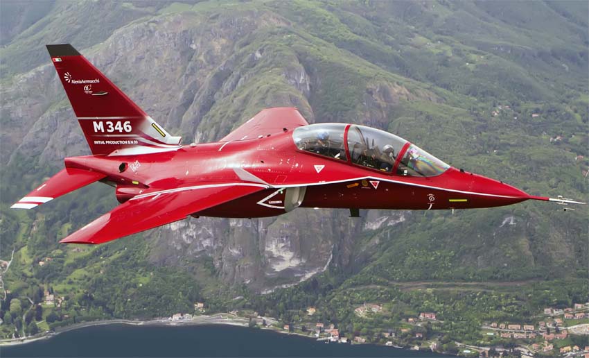 Leonardo M-346 Master advanced jet trainer in red markings over mountainous terrain