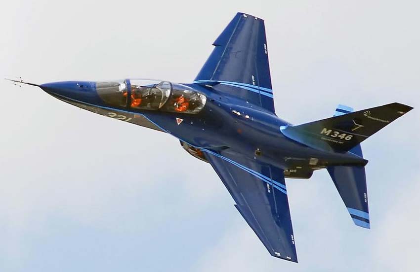 Blue Leonardo M-346 Master advanced jet trainer banking in flight
