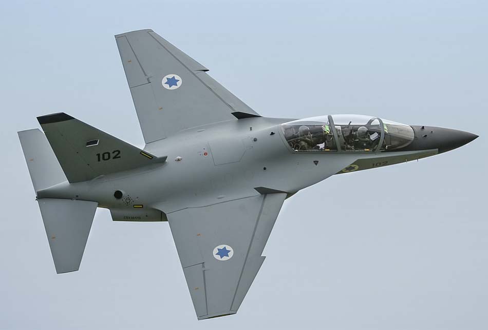 Leonardo M-346 Master twin-seat trainer photographed from below in flight