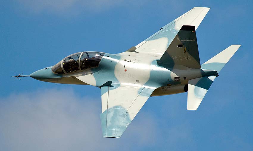 Camouflaged Leonardo M-346 Master advanced jet trainer in flight