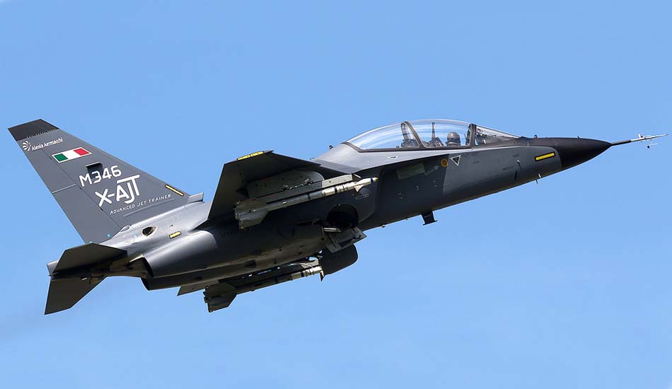 Leonardo M-346 Master aircraft carrying external stores in flight