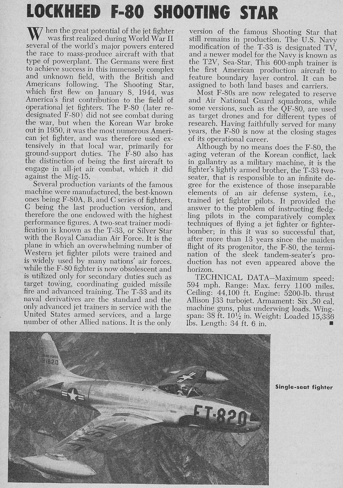 Article clipping titled Lockheed F-80 Shooting Star with a small aircraft photo.