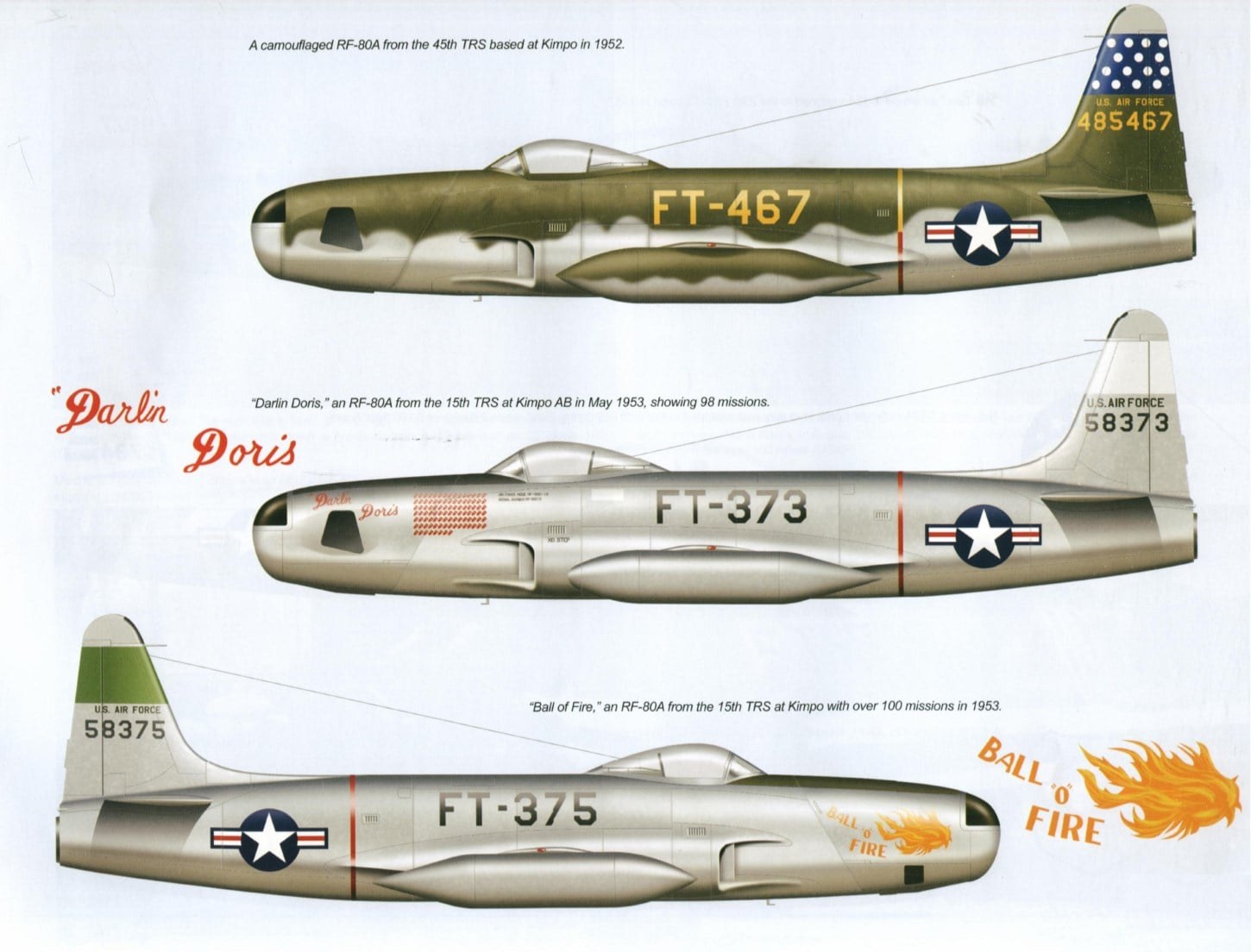 Color profile sheet showing three F-80 Shooting Star side profiles.