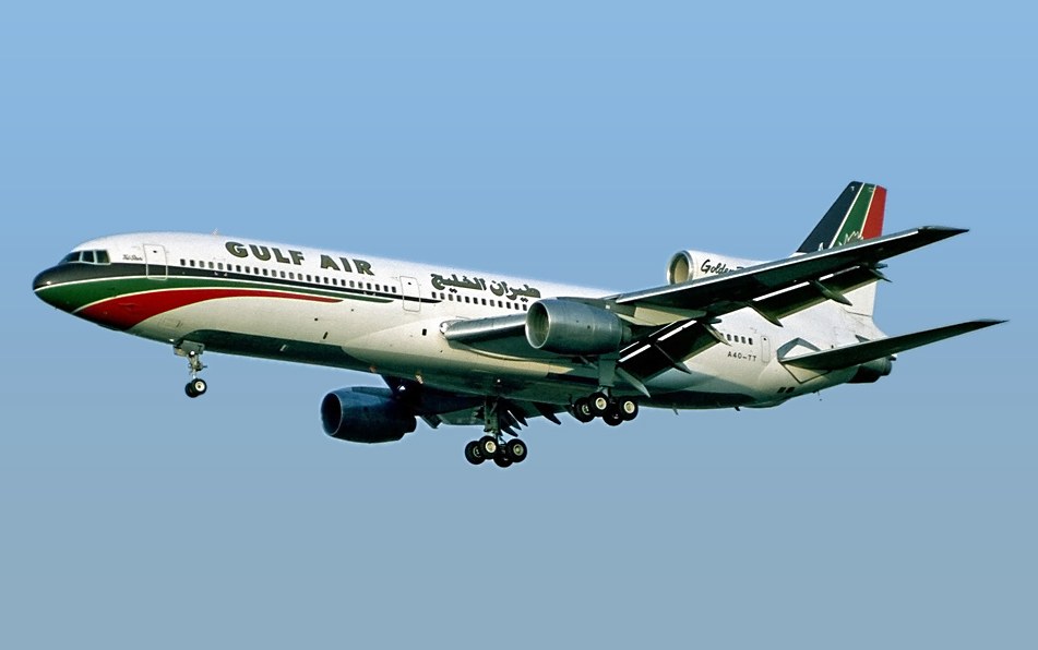 Gulf Air Lockheed L-1011 TriStar landing with gear extended.