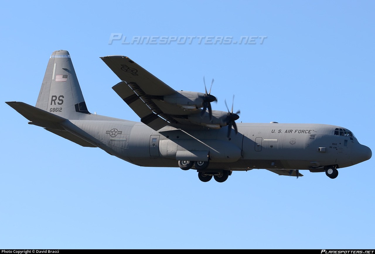 U.S. Air Force C-130J Super Hercules RS 8612 flying against a blue sky.