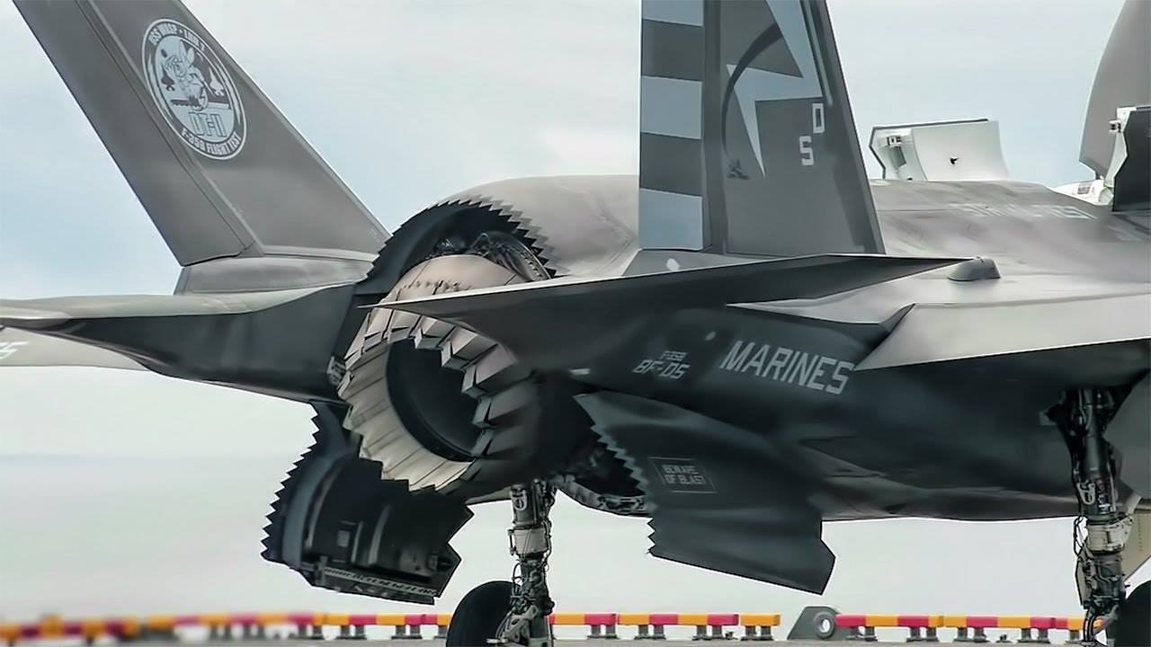 Marine F-35B Lightning II rear fuselage with lift fan door and exhaust nozzle visible.