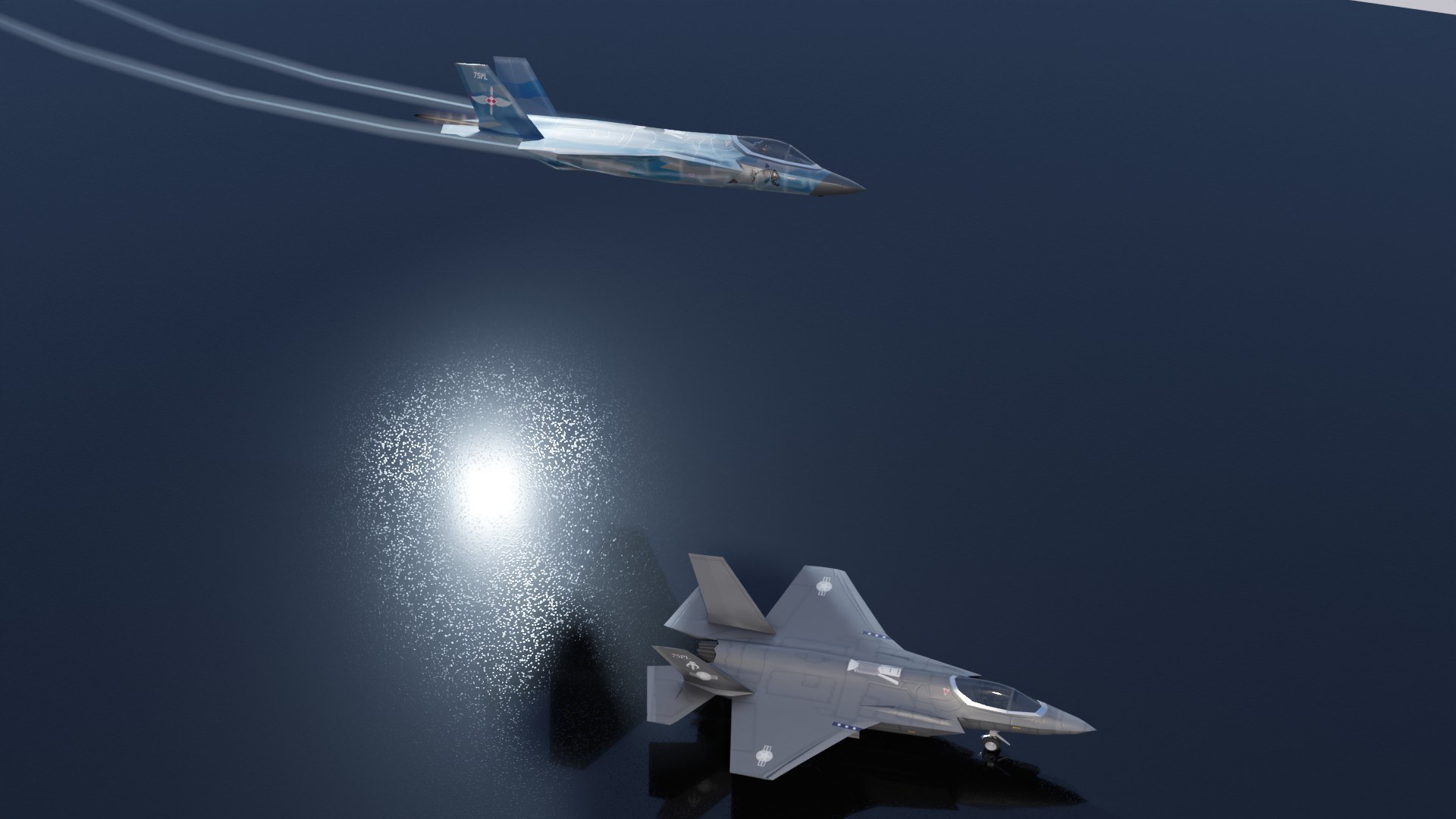 Two F-35 Lightning II aircraft shown against a dark sky with bright glare below.