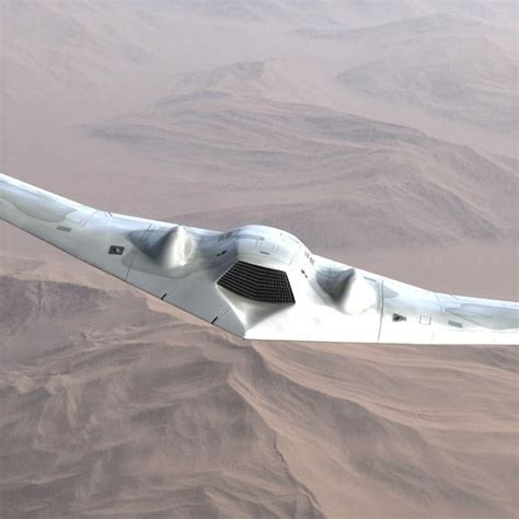 Rendered RQ-170 Sentinel flying above desert terrain.