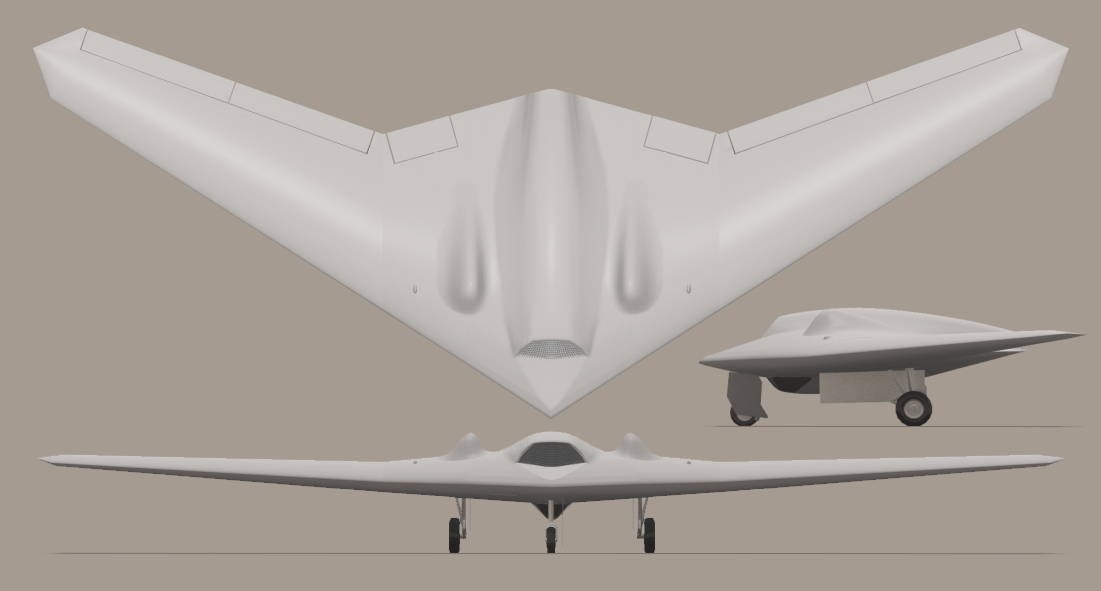Three-view rendering sheet of the RQ-170 Sentinel showing top, side, and front views.
